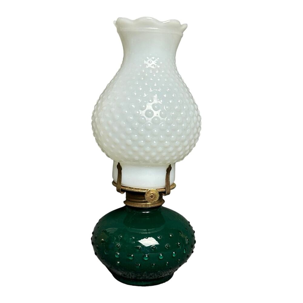 Vintage Lamp Light Farms emerald green oil lamp hobnail milk glass shade 12”